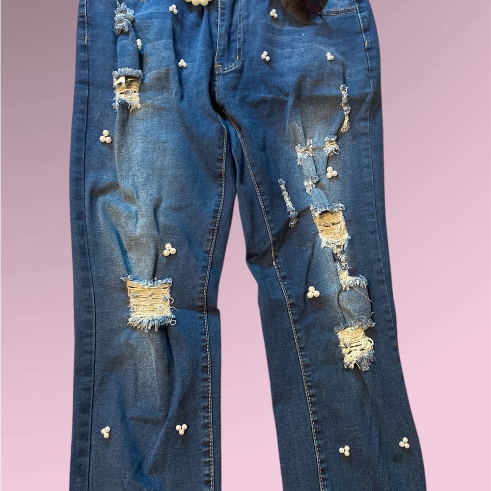 Distressed Blue Jeans with Pearl Accents